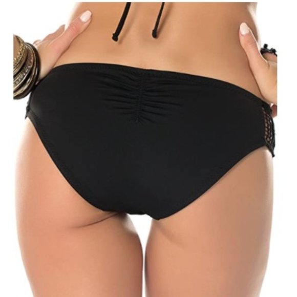 Becca Sunburst Crochet Side Tab Bikini Bottom Black Large NWT - Picture 3 of 7